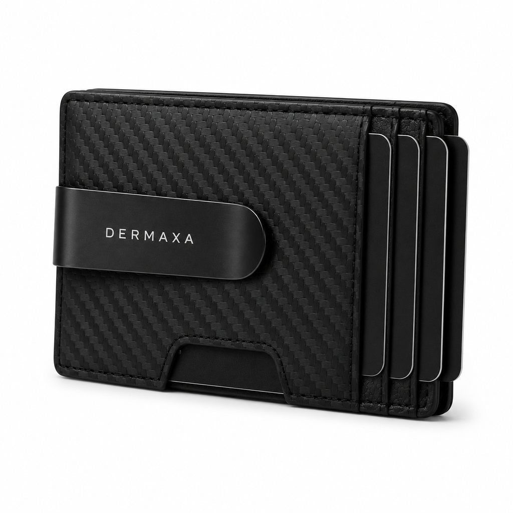 Dermaxa™ Men's Slim RFID Blocking Wallet - Carbon Fiber Leather Front Pocket Card Holder with Money Clip, Black
