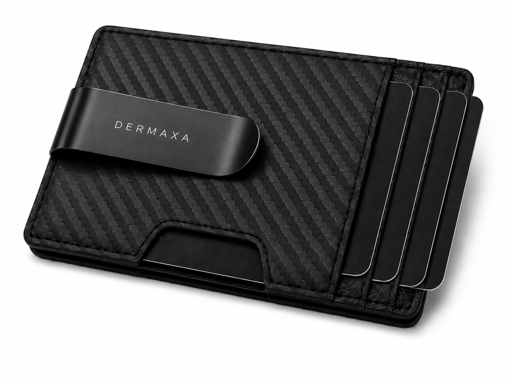 Dermaxa™ Men's Slim RFID Blocking Wallet - Carbon Fiber Leather Front Pocket Card Holder with Money Clip, Black
